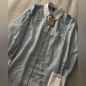 RIVER ISLAND Women's Blue and White Striped blouse with White Contrast Collar